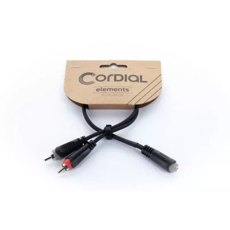 Cordial 14889 cable adaptador en Y de audio conector hembra jack estéreo de 3,5mm a 2x conector hembra RCA 0,3m cable doble de PVC negro