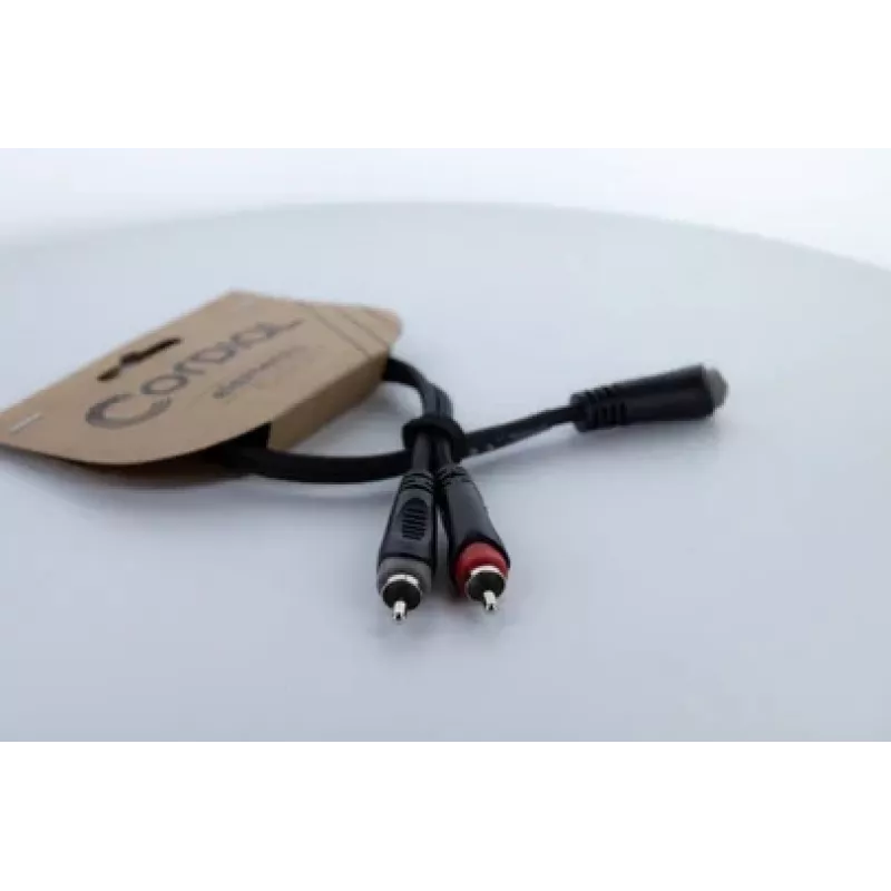 Cordial 14889 cable adaptador en Y de audio conector hembra jack estéreo de 3,5mm a 2x conector hembra RCA 0,3m cable doble de PVC negro