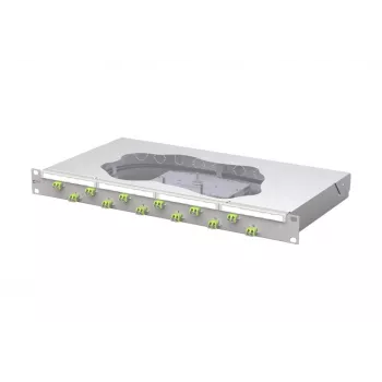 METZ CONNECT panel de parcheo con empalme de fibra óptica 12 puertos LC Duplex OM5, 1U montaje en rack de 19