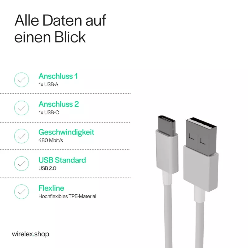 FLEXLINE FL31-13043 cable USB-A a USB-C de carga y sincronización, 2.0, ABS, blanco, 2m