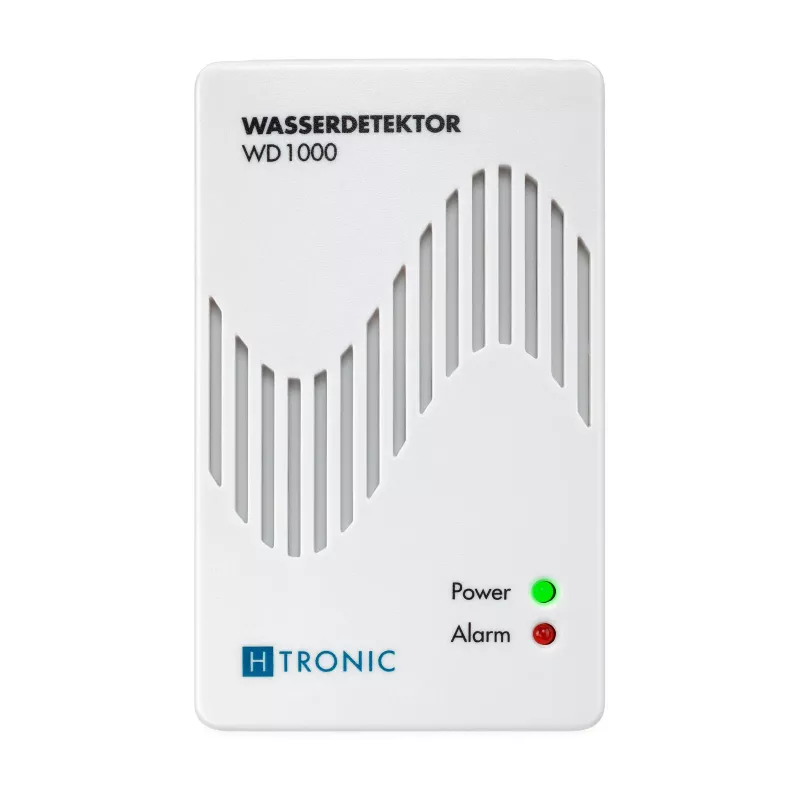H-Tronic 1114720 Detector de agua con sensor externo, conector macho, 230V AC, alarma acústica 85 dB, salida de relé, cable de sensor 2m