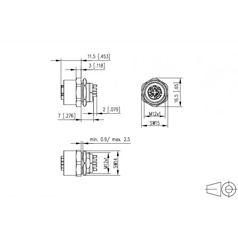 METZ CONNECT MMT361A115-0001 Conector hembra M12 5 polos codificación A conexión por tornillo ensamblable en campo, recto, IP67, acero