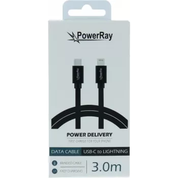 PowerRay cable de datos y carga USB-C a Lightning 3m negro textil trenzado certificado MFi PR-DCCL300TBK