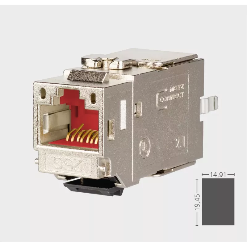 METZ CONNECT C6Amodul K 180° 25G keystone jack, apantallado, Cat.6A, 25 Gigabit Ethernet, IDC sin herramientas, zamak, certificado GHMT 130B21-25-E