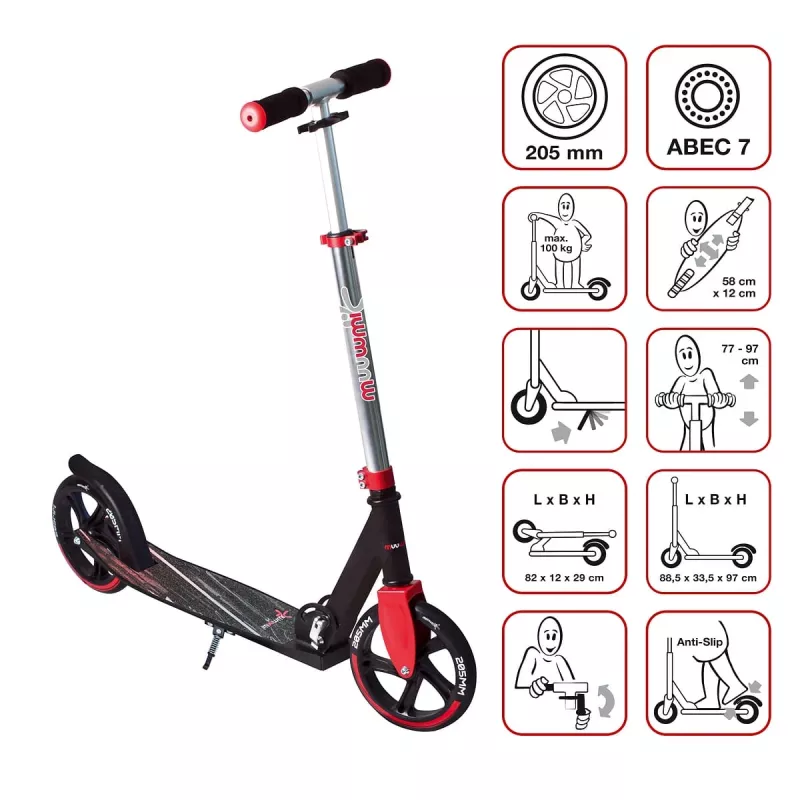 MUUWMI AU 565 Patinete de aluminio, rojo, ruedas de 205 mm