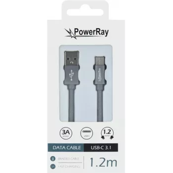 PowerRay Cable de datos PR-DCUC120TGY USB-A a USB-C 1,2 m textil gris trenzado carga rápida y sincronización de datos 5 Gbps