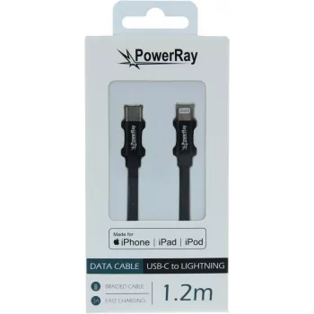 PowerRay USB-C a Lightning cable de datos y carga trenzado MFi 1,2m Negro PR-DCCL120TBK