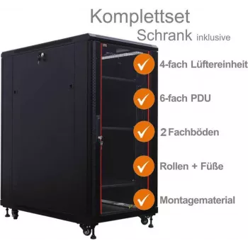 IT-BUDGET set completo armario de servidores 19 pulgadas SRK, 27HE, 600x1000 mm, puerta de cristal/acero, 4 ventiladores, PDU, bandejas, premontado, negro 99ITB19SRK27610GSM