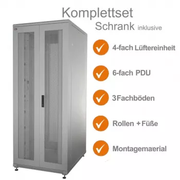 IT-BUDGET set completo rack de servidores 19 pulgadas SRK - 42U - AnxPr 800x1000 mm - puertas dobles perforadas delanteras + traseras - 4 ventiladores activos - PDU - bandejas - montado - gris claro 99ITB19SRK42810DTGM