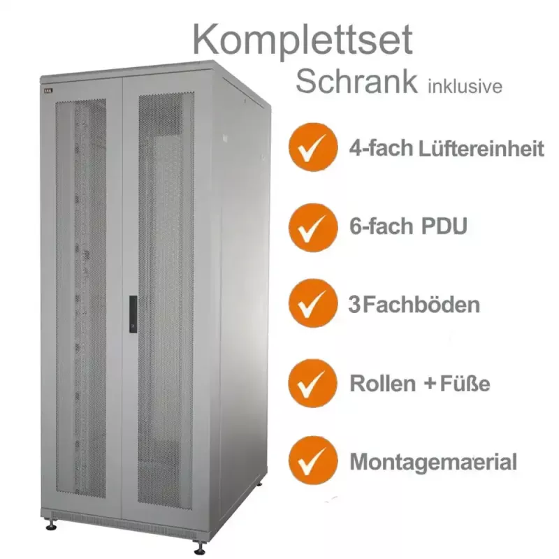 IT-BUDGET set completo rack de servidores 19 pulgadas SRK - 42U - AnxPr 800x1000 mm - puertas dobles perforadas delanteras + traseras - 4 ventiladores activos - PDU - bandejas - montado - gris claro 99ITB19SRK42810DTGM