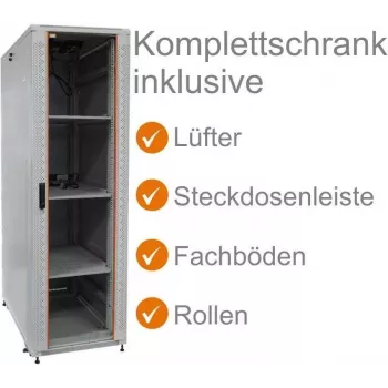IT-BUDGET set completo armario de red de 19 pulgadas SRK 38U 600x800 mm puerta de cristal/acero 4 ventiladores activos PDU bandejas Flatpack gris claro 90ITB19SRK3868GG