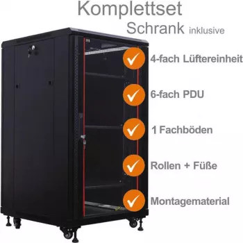 IT-BUDGET armario de red de 19 pulgadas SRK set completo - 18U, 600x800 mm, puerta de cristal delantera, puerta de acero trasera, 4 ventiladores activos, PDU, bandejas, premontado, negro 99ITB19SRK1868GSM