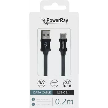 PowerRay PR-DCUC020TBK Cable de datos y carga USB-A a USB-C, 0,2 m, Textil Negro, Blíster