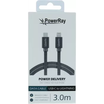 PowerRay Cable trenzado USB-C a Lightning 3m Textil Gris PR-DCCL300TGY