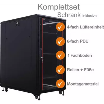 IT-BUDGET Armario de red de 19 pulgadas SRK Set completo - 18U - 600x1000 mm - Puerta de cristal/acero macizo - 4 ventiladores activos - PDU - Bandejas - premontado - Negro 99ITB19SRK18610GSM