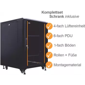 IT-BUDGET Armario de red de 19 pulgadas SRK Set completo 12U 600x800 mm Puerta de cristal/acero 4 ventiladores activos PDU Bandejas premontado Negro 99ITB19SRK1268GSM