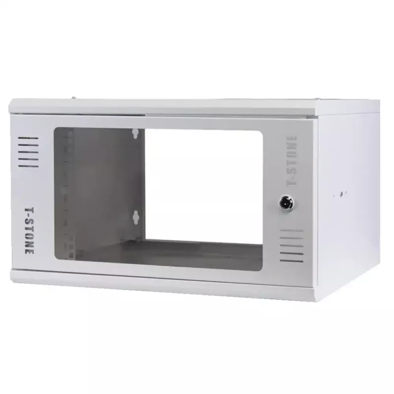 IT-BUDGET Caja de pared de 19 pulgadas T-STONE, 6U, 450 mm de profundidad, puerta de cristal, con cerradura, blanco (90ITBTSWV6545GW)