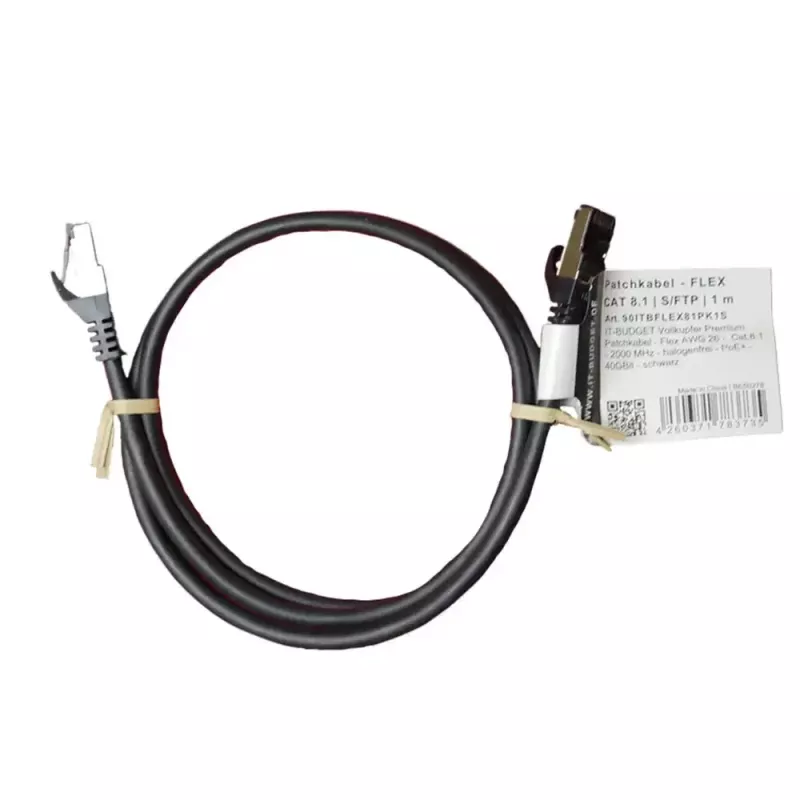 IT-BUDGET Cable de red Cat.8.1 S/FTP, 1m, negro, 40Gbps, 2000MHz, LSZH, PoE+ 90ITBFLEX81PK1S