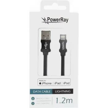 PowerRay PR-DCUL120TBK Cable de datos y carga USB-A a Lightning de nailon trenzado con certificación MFi, 1,2 m, Negro