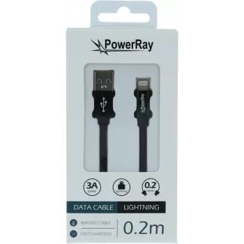 PowerRay Cable de datos/carga USB-A a Lightning 0,2m Textil Negro PR-DCUL020TBK