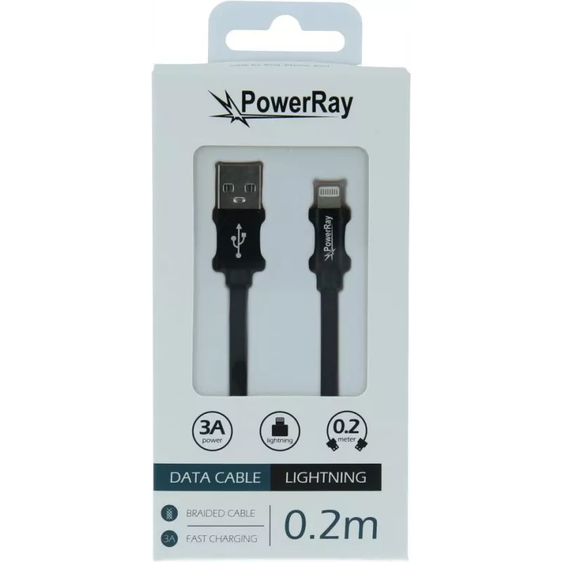 PowerRay Cable de datos/carga USB-A a Lightning 0,2m Textil Negro PR-DCUL020TBK