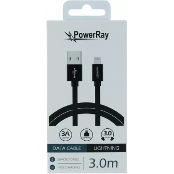 PowerRay Cable de datos USB a Lightning 3m Textil Negro PR-DCUL300TBK