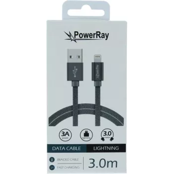 PowerRay Cable de datos y carga USB a Lightning 3m Textil Gris PR-DCUL300TGY
