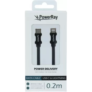 PowerRay PR-DCCL020TBK Cable de datos USB-C a Lightning, 0,2 m, Textil Negro, Blíster