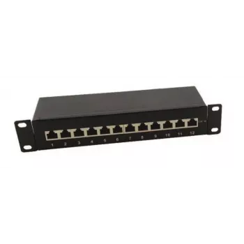 IT-BUDGET Panel de parcheo de 10 pulgadas - apantallado - Cat.6A - 500MHz - 12 puertos RJ45 - compatible con PoE+ - 1U - negro (90ITB10PP6AS)