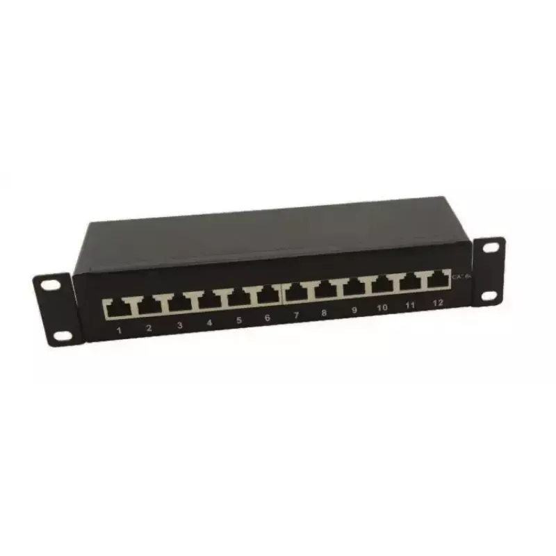 IT-BUDGET Panel de parcheo de 10 pulgadas - apantallado - Cat.6A - 500MHz - 12 puertos RJ45 - compatible con PoE+ - 1U - negro (90ITB10PP6AS)