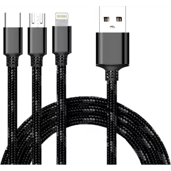 CYOO Cable de carga y datos 3 en 1 USB – Micro USB, USB-C, Lightning – Negro