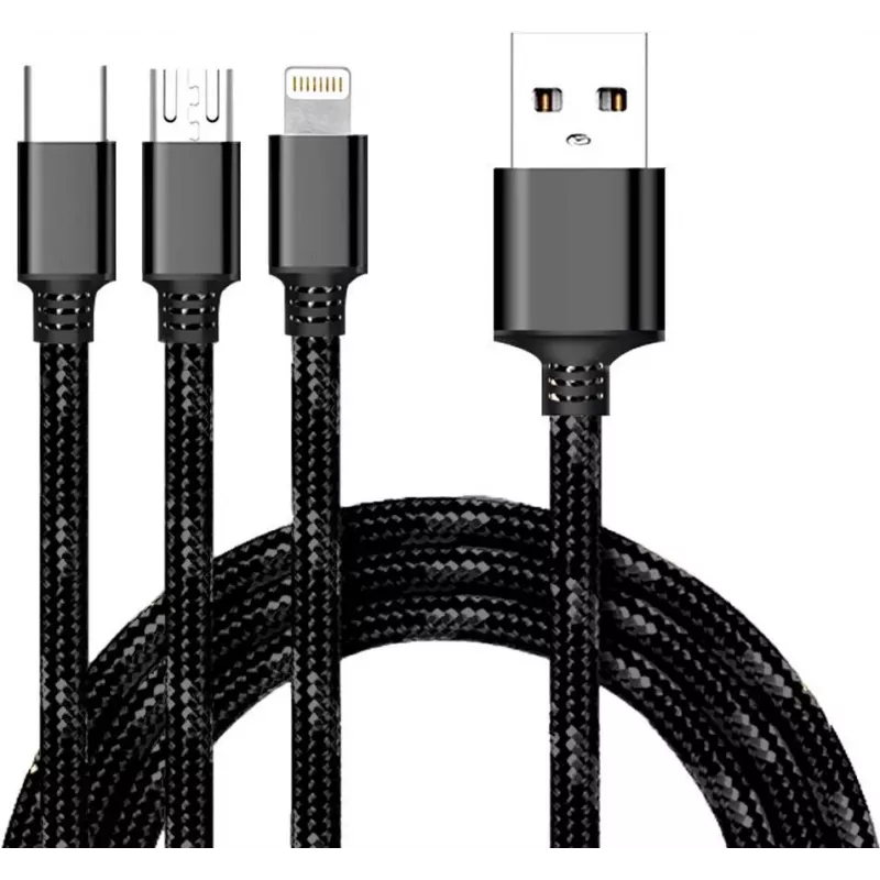 CYOO Cable de carga y datos 3 en 1 USB – Micro USB, USB-C, Lightning – Negro