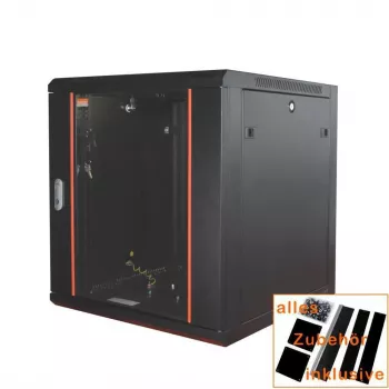 IT-BUDGET Rack de red de 19 pulgadas SWA - 12U - 570x600 mm - puerta de cristal - paneles laterales desmontables - montaje en pared/suelo - set de accesorios - negro 90ITB19WS1266GS