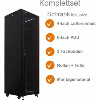 IT-BUDGET Rack de red de 19 pulgadas SRK set completo - 38U - 600x600 mm - puerta de cristal/acero - 4 ventiladores activos - PDU - bandejas - flatpack - negro (90ITB19SRK3866GS)