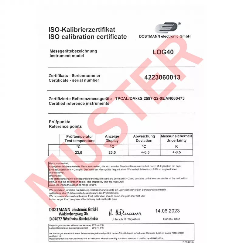 TFA Dostmann LOG40 Registrador de datos de temperatura calibrado ISO USB PDF, -40 a +60 °C