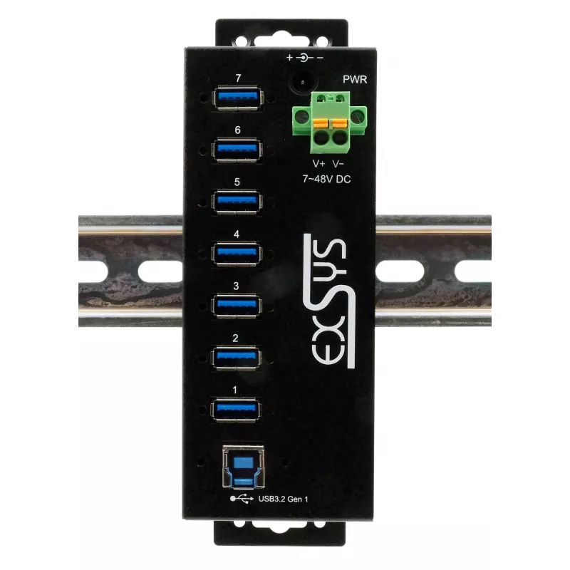 EXSYS Hub industrial USB 3.2 Gen1 de 7 puertos con kit para carril DIN y protección ESD de 15 kV (EX-1187HMVS-2)
