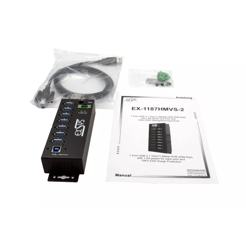EXSYS Hub industrial USB 3.2 Gen1 de 7 puertos con kit para carril DIN y protección ESD de 15 kV (EX-1187HMVS-2)
