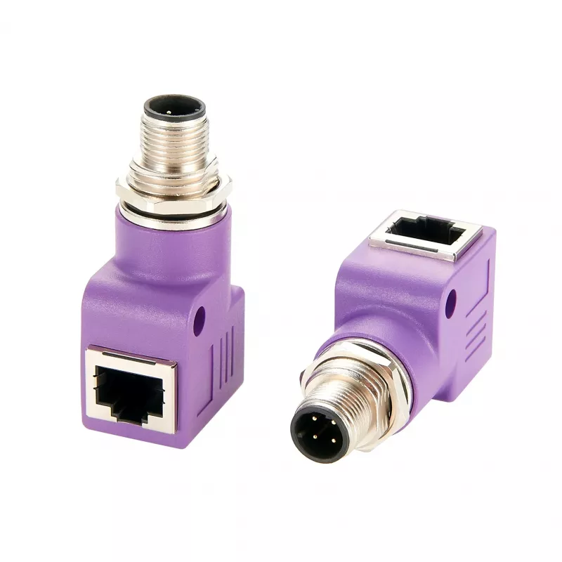 EXSYS EX-49522 adaptador industrial Ethernet de conector macho M12 D-Code de 4 pines a conector hembra RJ45 en ángulo de 90°