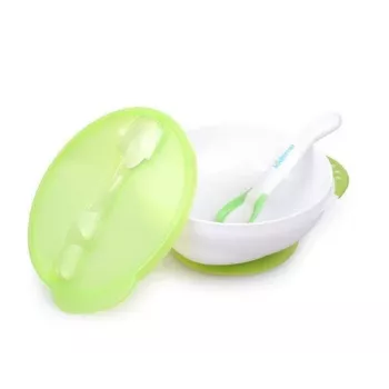 Kidsme Cuenco con ventosa con tapa y cuchara térmica, verde lima, 9m+
