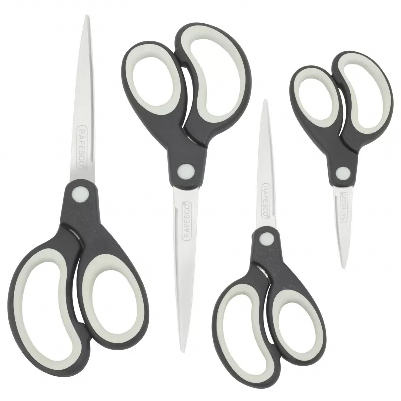 Rapesco Set de tijeras Soft Grip, 4 piezas, hojas de acero inoxidable, Negro/Gris 1574