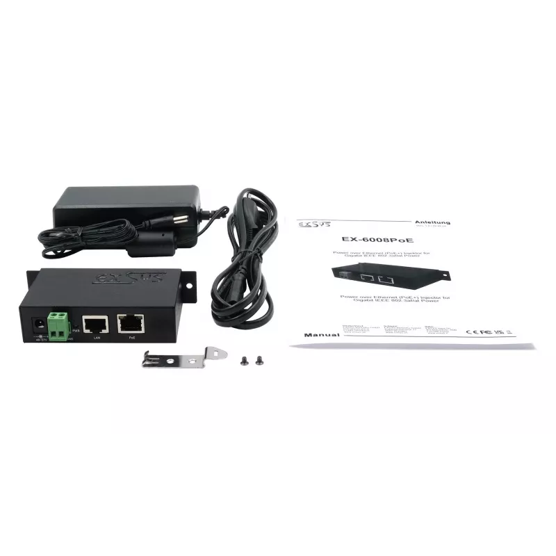 EXSYS EX-6008POE Inyector Gigabit PoE++ , 60W, IEEE 802.3bt, entrada de terminales 48-57V DC, montaje en carril DIN/pared