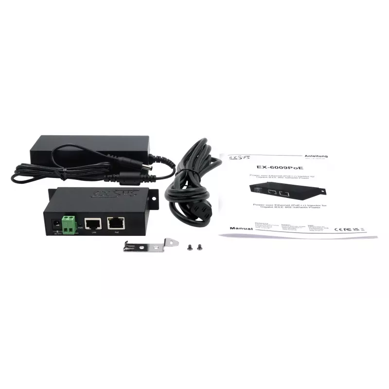 EXSYS EX-6009POE Inyector Gigabit PoE++ 90W, entrada de bloque de terminales 48-57V DC, IEEE 802.3bt Type 4, montaje en carril DIN/pared