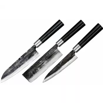 Set de 3 cuchillos de cocina SAMURA SP5-0220, hojas de acero inoxidable AUS-8, mangos de ABS negros, cuchillo pelador, multiusos y de cocina