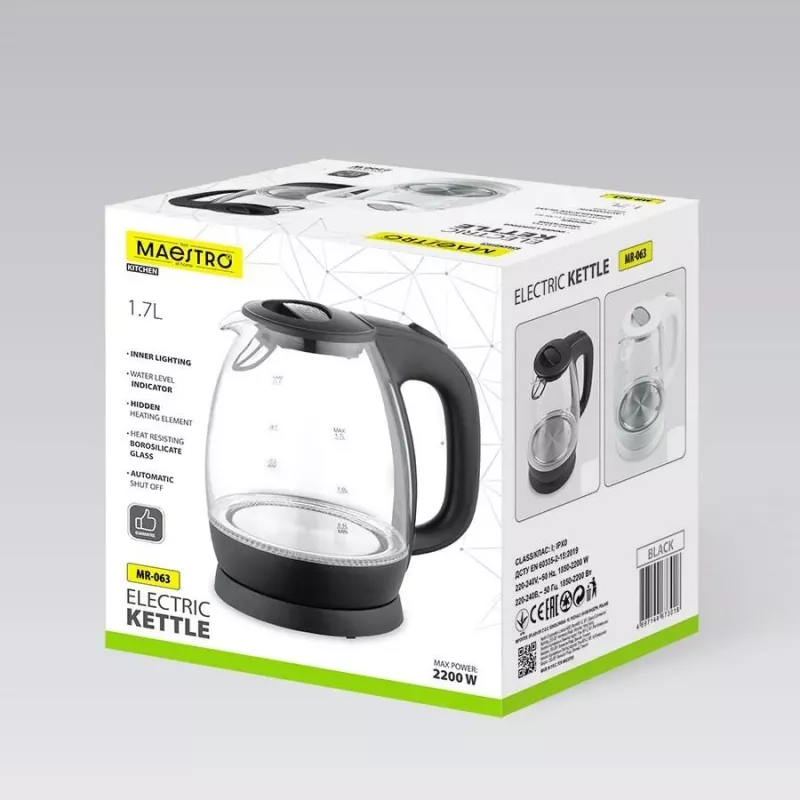 Maestro MR-063 hervidor de agua negro 1,7 L 2200 W