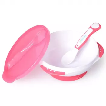 Kidsme set de cuenco de aprendizaje para bebé con base de succión, tapa y cuchara termómetro, lavanda, 9m+