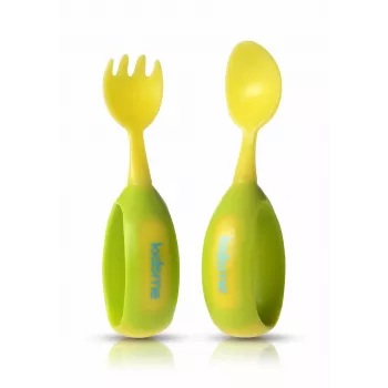 Kidsme 9853 LI set de cubiertos para bebé, cuchara y tenedor, lima, a partir de 9 meses