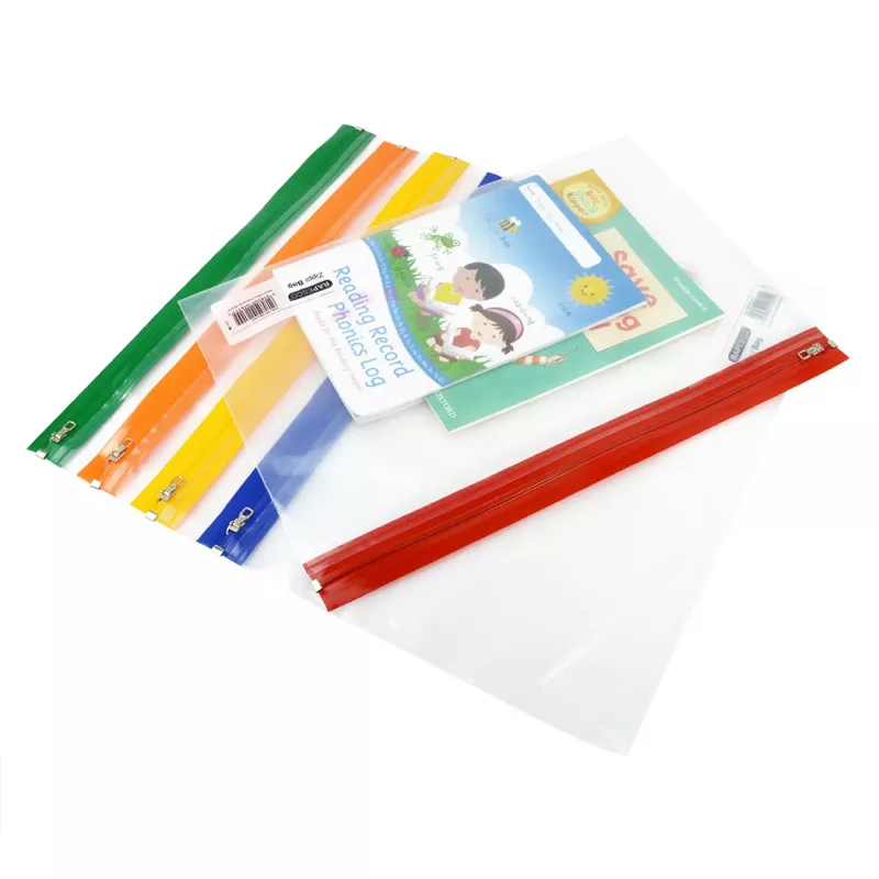 Rapesco Zippi Bags A5+ bolsas con cierre de cremallera, 250 x 195 mm, transparentes con borde azul, naranja, verde, rojo, amarillo, pack de 5 1502