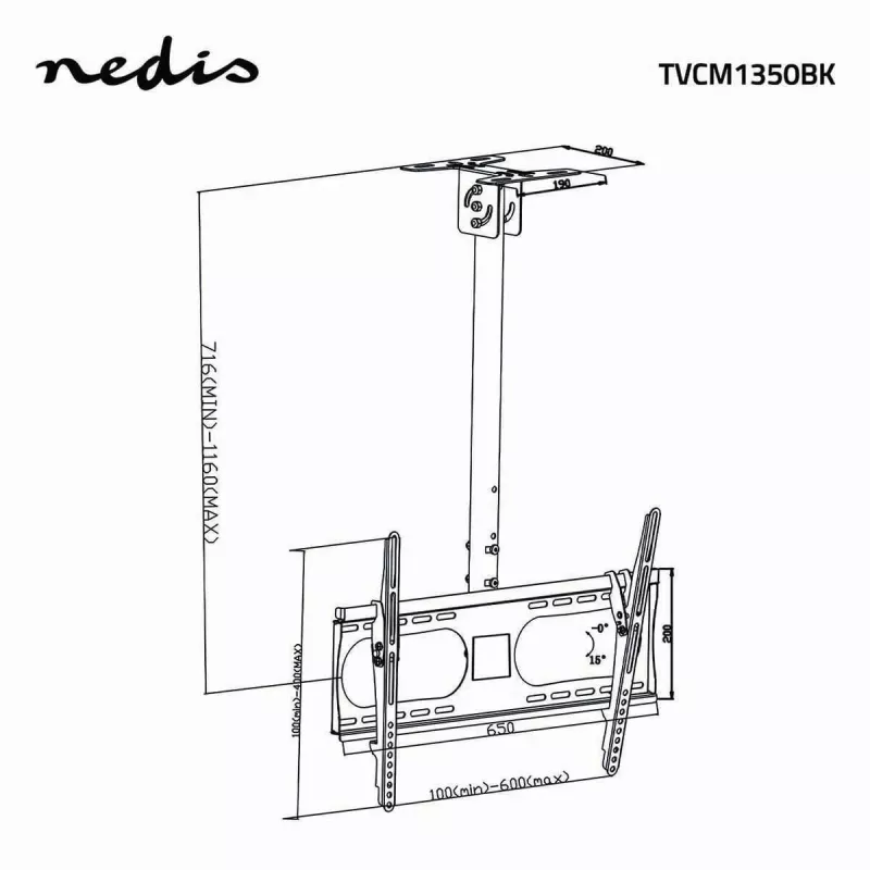 Nedis TVCM1350BK soporte de techo para TV, 42-65 pulgadas, VESA hasta 600x400, negro