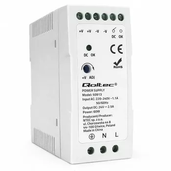Qoltec fuente de alimentación para carril DIN 60W 24V 2,5A blanco Slim