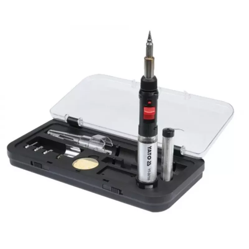 Yato YT-36706 Soldador a Gas 1300°C Quemador de Butano con Soplador de Aire Caliente, Negro/Rojo/Acero Inoxidable